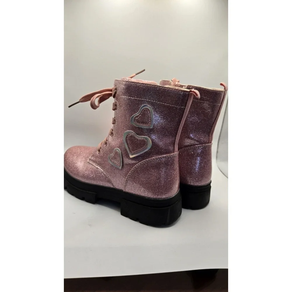 Girls Pink Glitter Combat Boots Heart Detail Lace Up Side Zip Chunky Sole US 5